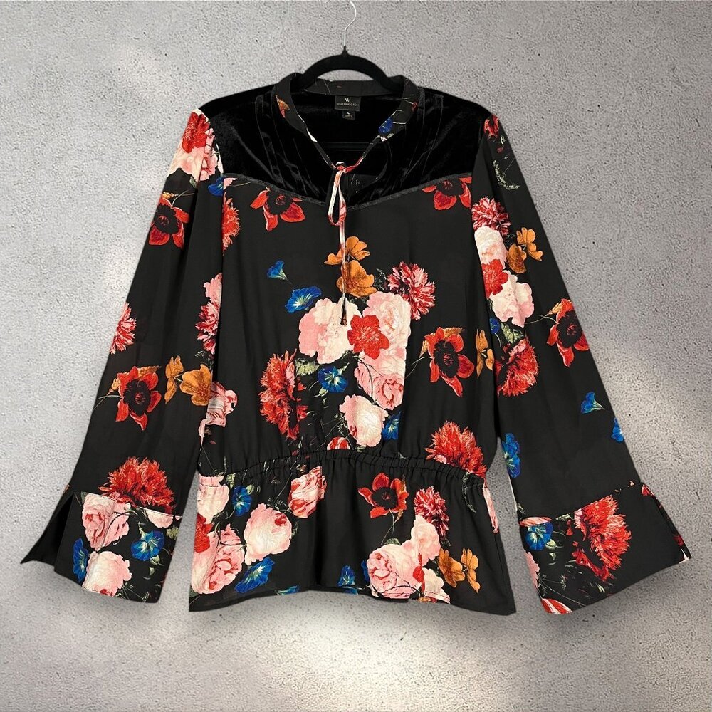 Worthington Floral Velvet Yoke Blouse Women’s L Multi Bell Sleeve Chic Romantic - Picture 3 of 9